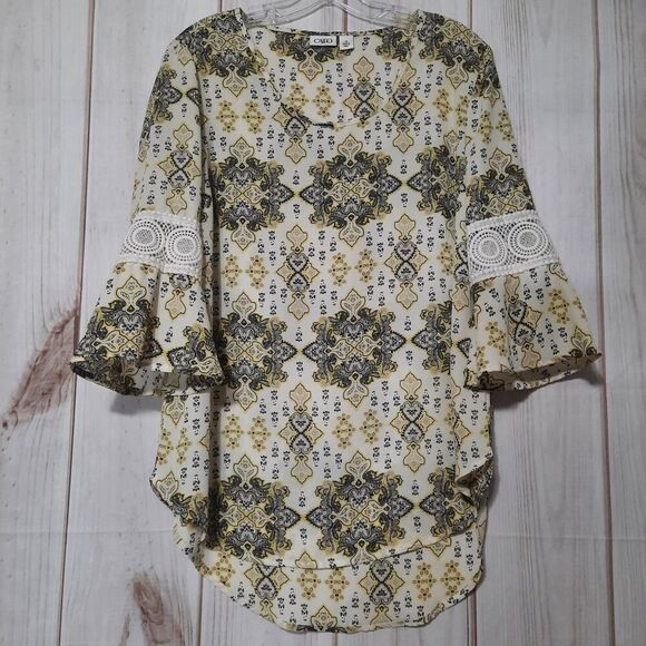 Cato Shirt Ladies Medium Yellow‎ Semi Sheer Crochet Bell Sleeve Boho - Picture 1 of 8